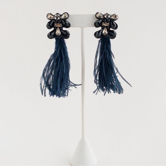 Stella & Dot Navy French Twist Feather Earrings Crystal Rhinestone Drop Dangle - Picture 4 of 10